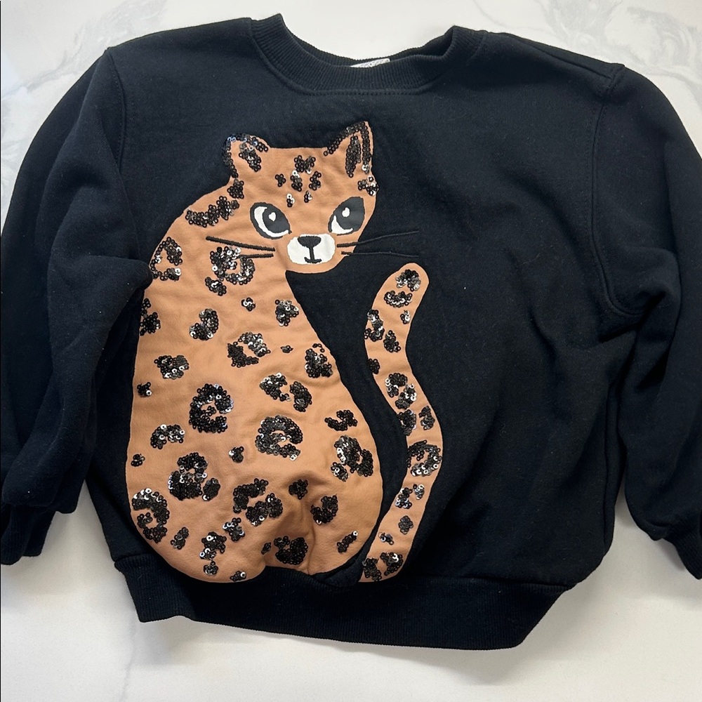 Black Sweatshirt with Sparkly Leopard Print Cat